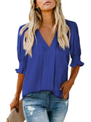 Women's Solid Casual V Neck Puff Sleeve Shirts (Buy 2 Free Shipping)