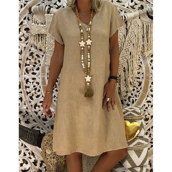 🔥49%- Cotton-Polyester Blend Dresses Casual V Neck Midi Dress🔥