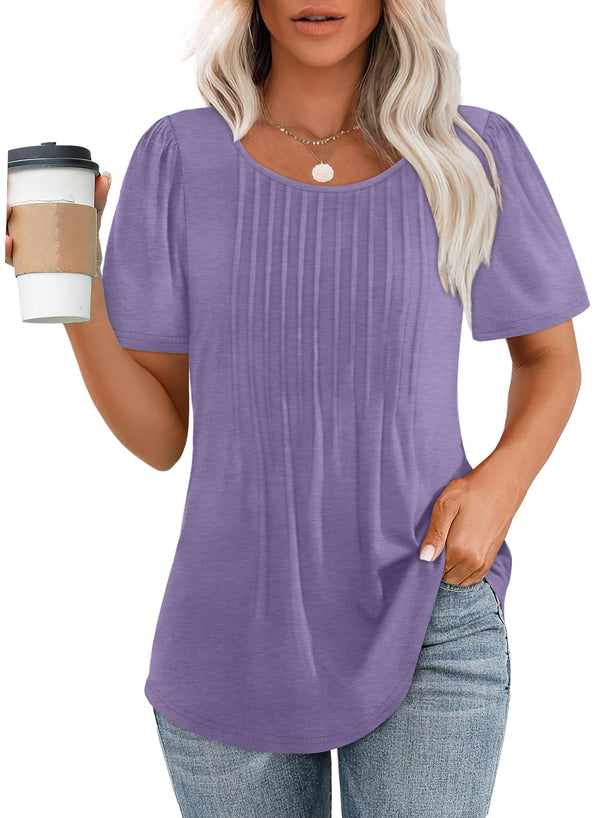 Women's Short Sleeve Pleated Scooped Neck Tops (Buy 3 Free Shipping)